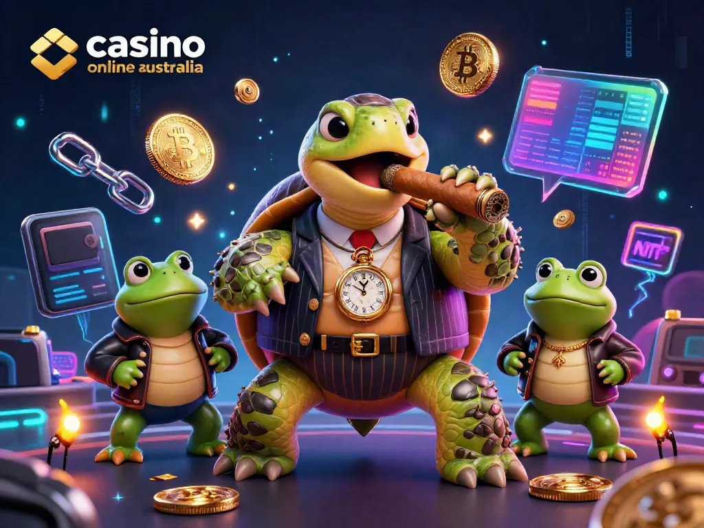 Experience the action at casino online australia with a snapping turtle mobster and bullfrogs, amidst glowing crypto elements.