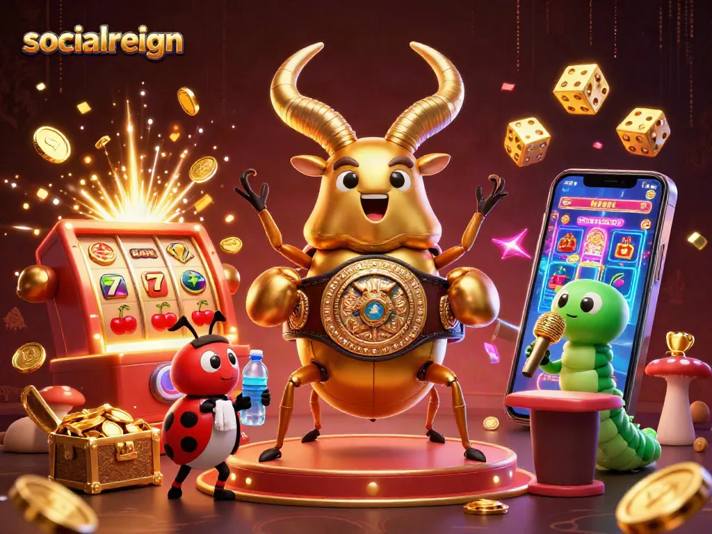 Experience thrilling slots with socialreign's vibrant gaming scene featuring a golden stag beetle and jackpots.