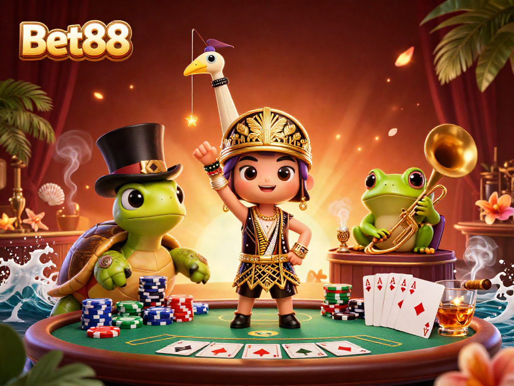 Experience vibrant gaming action at Bet88 with a lively 3D illustration of casino characters and elements.