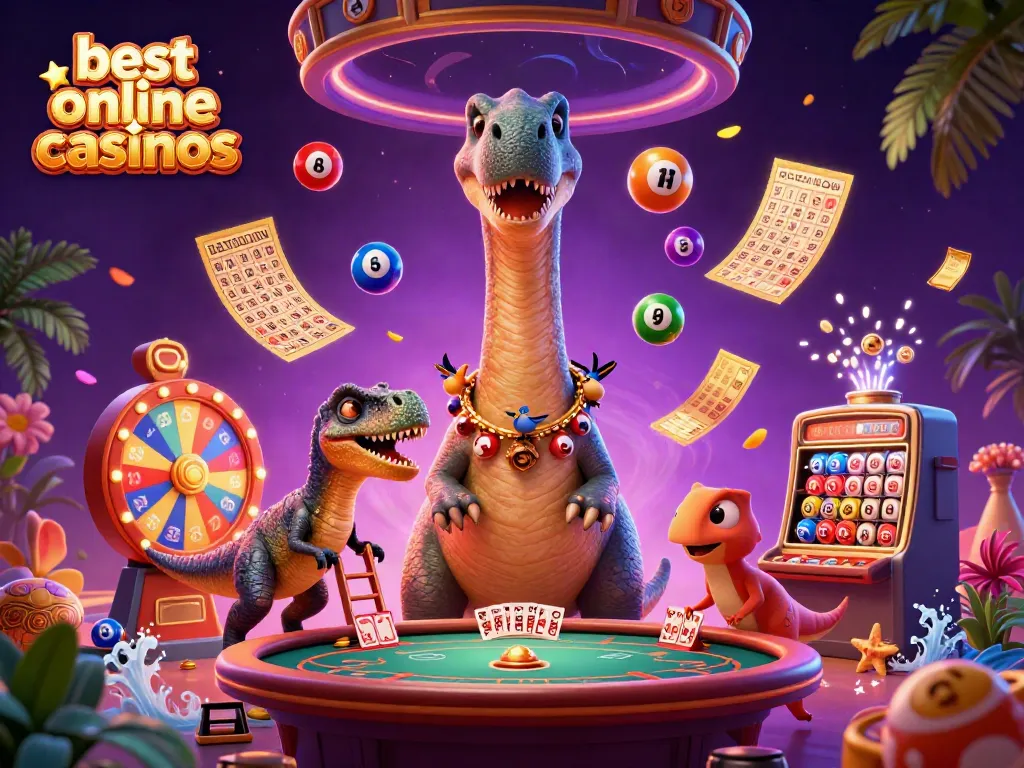 Experience the best online casinos with a giant brontosaurus and clever raptor in a vibrant gaming scene.