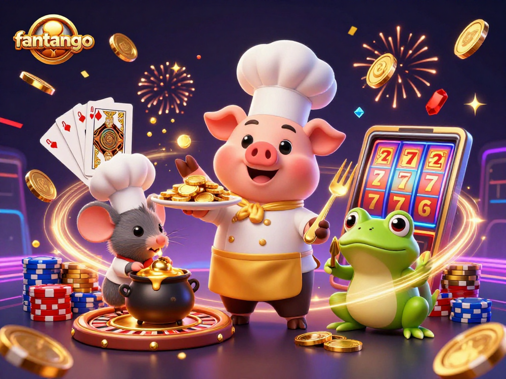 Experience the excitement of fantango as a 3D chef pig serves gold coins amidst vibrant casino elements.