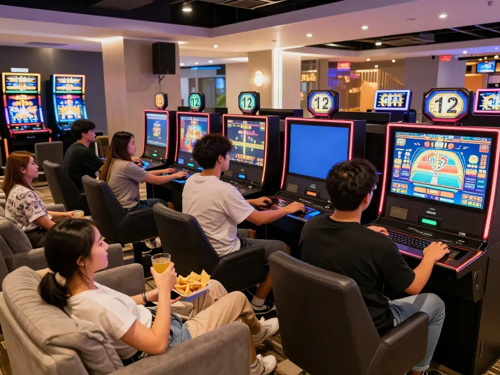 Exciting group playing luxury12 slot games in a vibrant gaming lounge atmosphere.