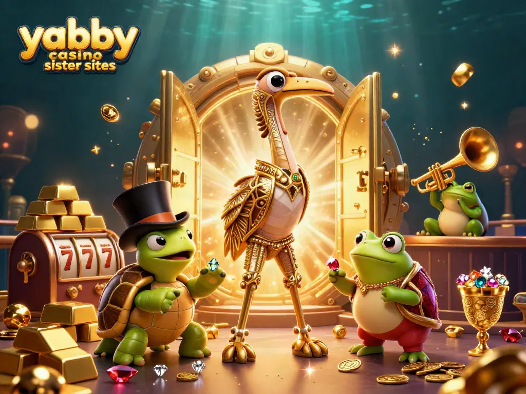 Spin to win with yabby casino sister sites featuring 3D characters, gambling elements, and gold treasures.