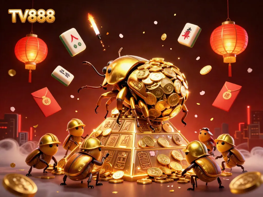 Experience TV888 in an exciting 3D scene featuring golden beetles, coins, and casino elements dynamic in motion.