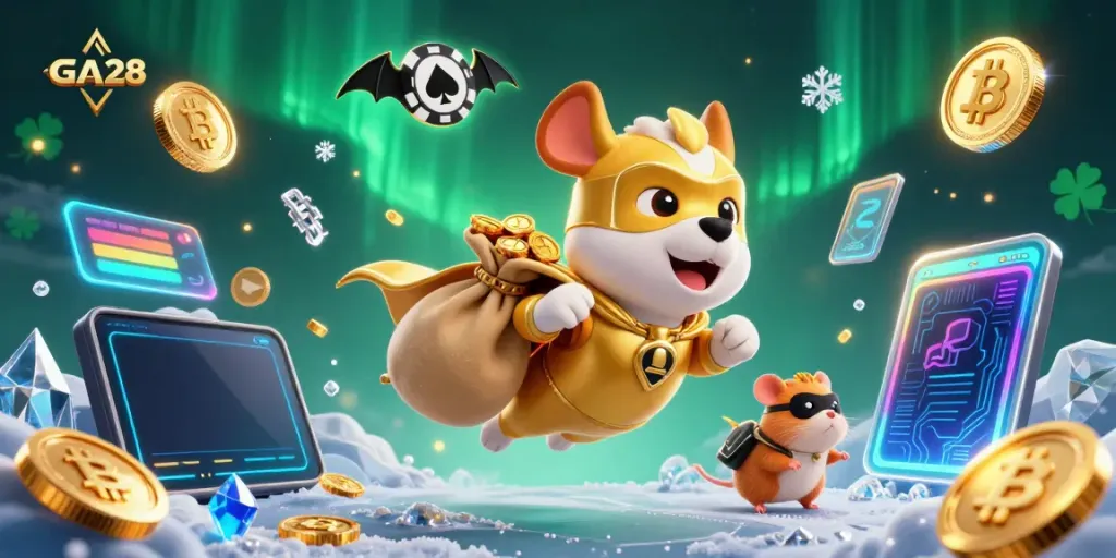 Engage in thrilling adventures with GA28 as you witness a superhero dog and sidekick hamster flying through a neon-lit casino