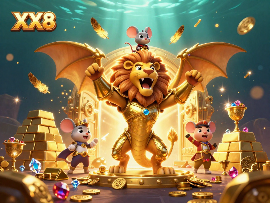 Experience the thrills of XX8 casino with a roaring chimera and treasures galore, inviting players to win big.