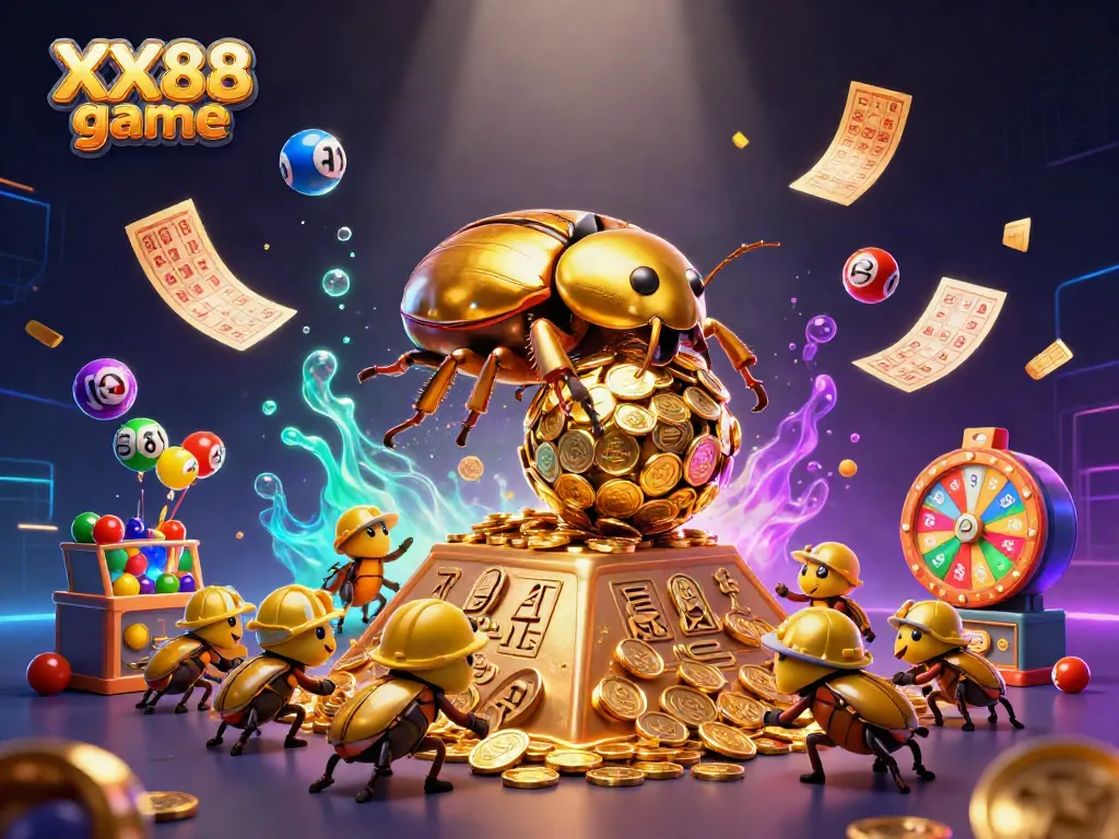Engage with the excitement of the XX88 game as golden beetles roll in a vibrant casino-themed illustration.