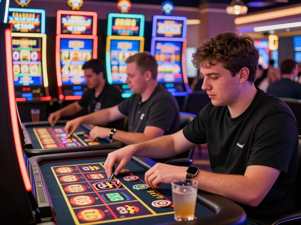 A vibrant casino gaming scene featuring players engrossed in slot games with glowing jackpot signs, reflecting the excitement of akunjp online gambling.