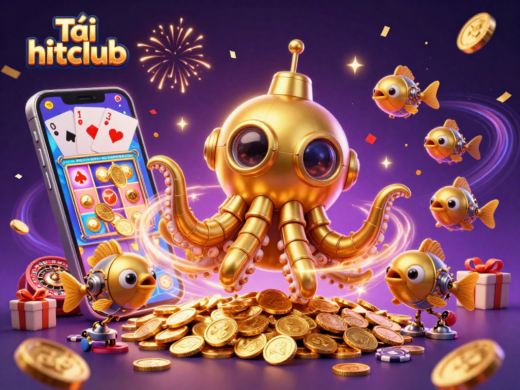 Hitclub download offers thrilling casino games with a golden kraken submarine amidst a sea of coins.