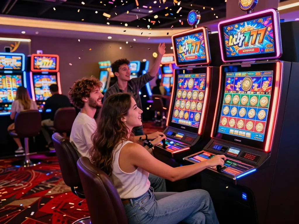 Excited players enjoying the Lucky777 digital slot machine in a festive casino atmosphere, celebrating wins.