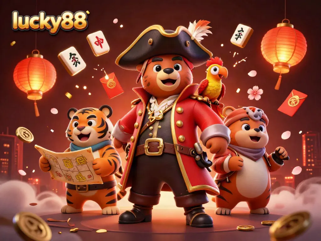 Experience the thrill of lucky88 as a pirate bear and his crew celebrate amidst casino treasures.
