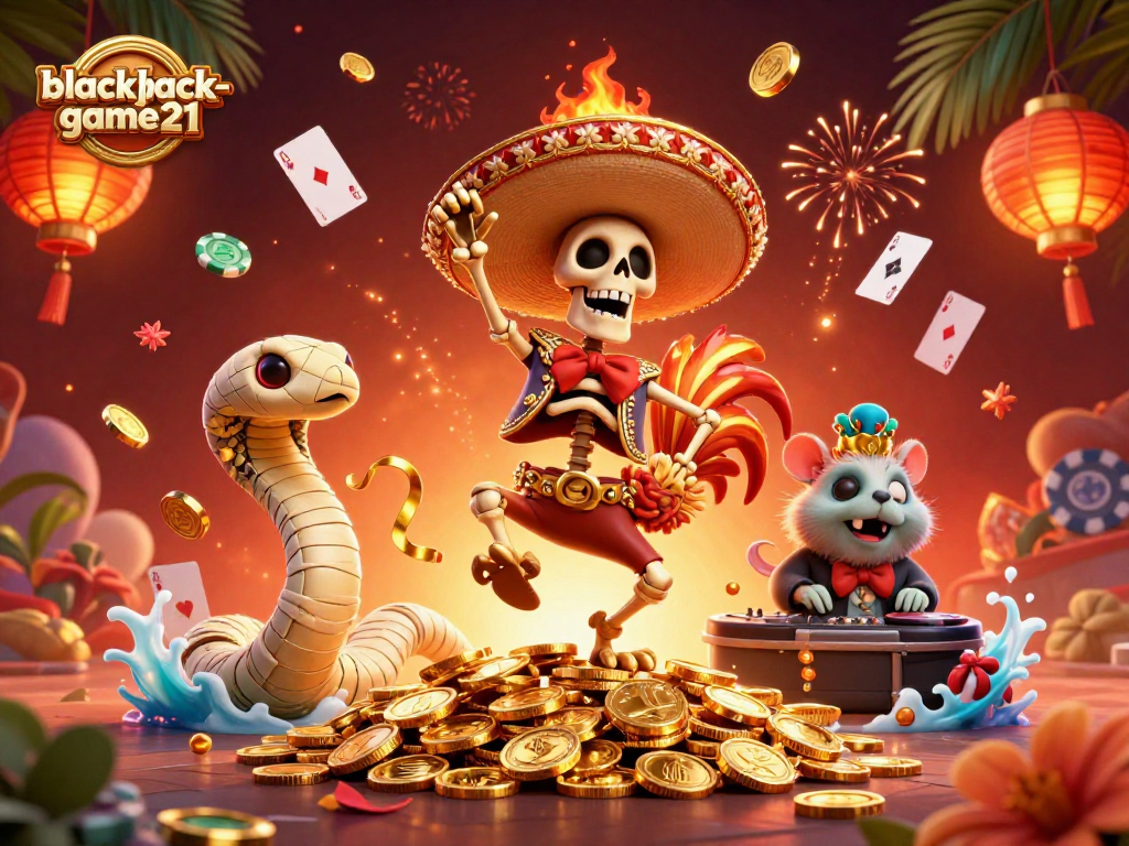 Experience thrilling gameplay at blackjack-game21 with festive casino-themed characters celebrating victory.