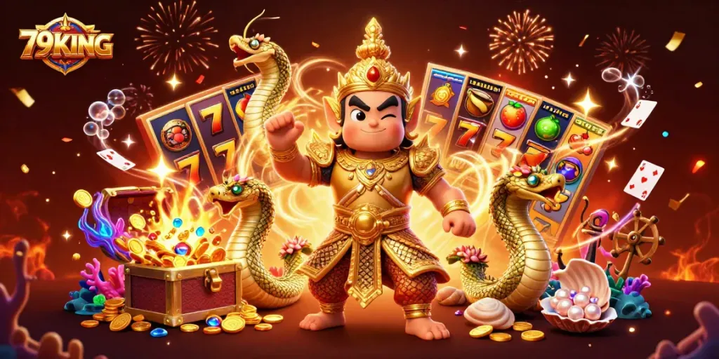 Experience the thrill of 79KING slots with a vibrant casino scene featuring dynamic slot reels and gold coins.