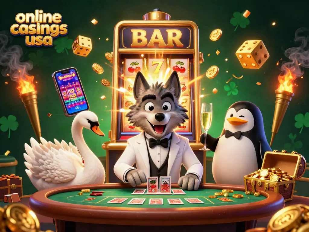 Engage with the top online casinos USA featuring a lively casino scene with winning characters.