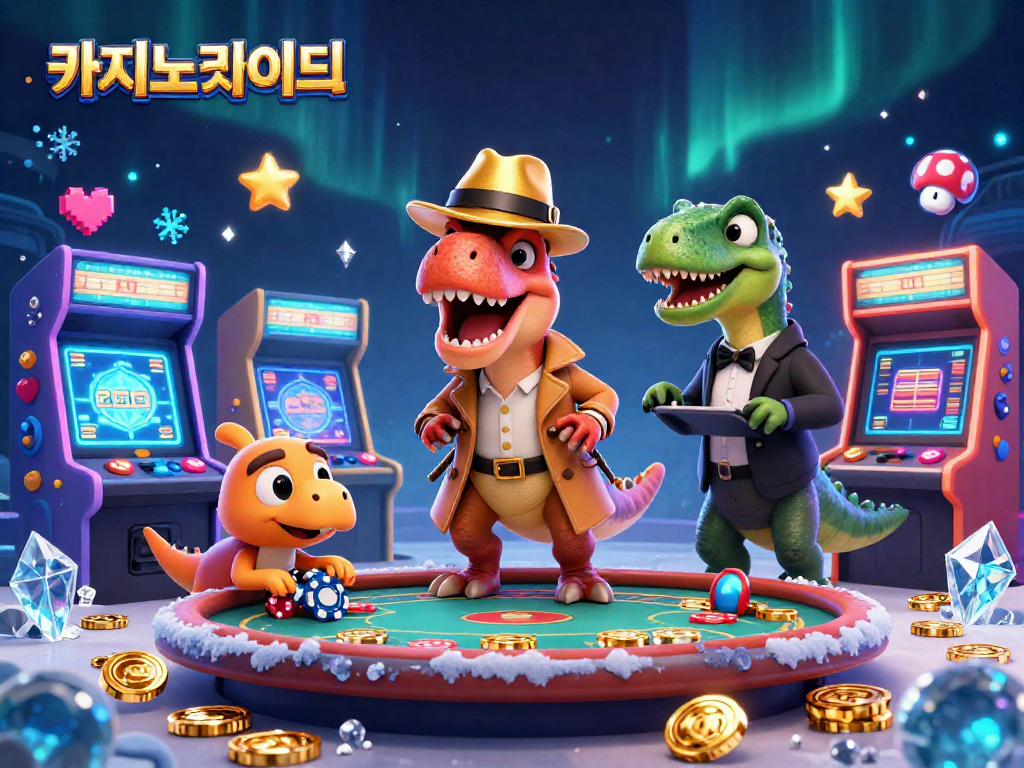 안전한 카지노사이트에서 블랙잭 테이블에 앉아있는 카드 카운팅 공룡, 주목받는 피트 보스와 작은 기술자의 조화로운 장면을 보여줌