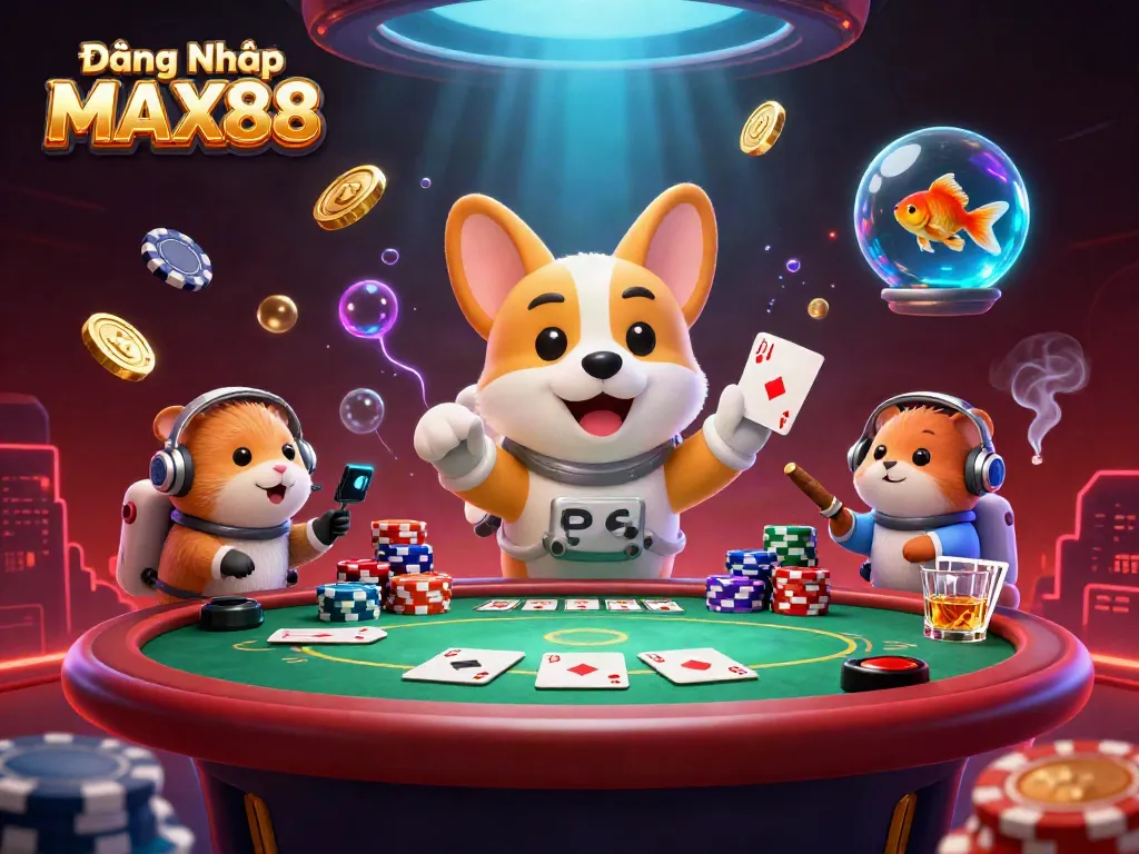 Engage in casino excitement with Đăng Nhập MAX88 featuring 3D cartoon characters amidst chips and games.