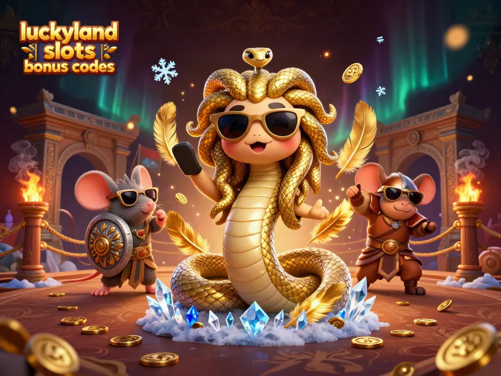Spin and win with LuckyLand Slots bonus codes, featuring enchanting Medusa and warrior mouse amidst golden coins and dynamic game elements.