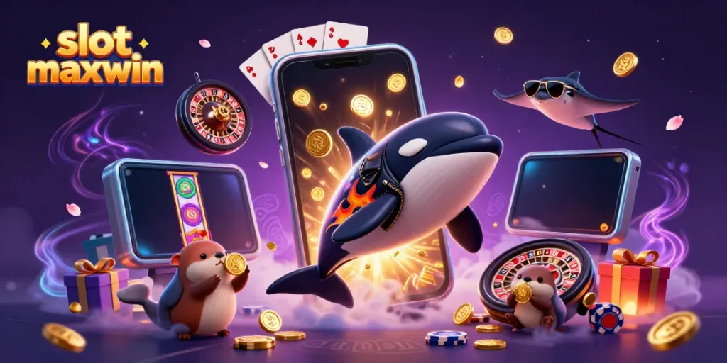 Engage in the thrill of slot maxwin as the energetic sea creatures celebrate with gold coins and vibrant slot games.