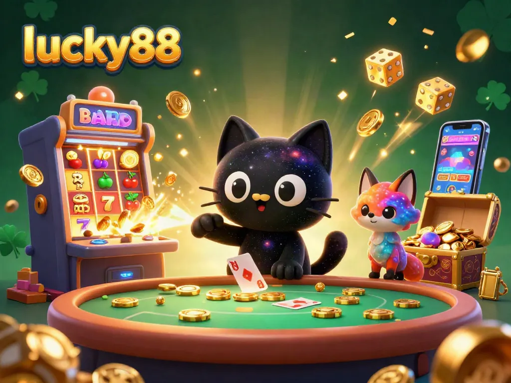 Engage in thrilling gaming at lucky88 with a vibrant scene featuring a cosmic casino and dynamic elements.