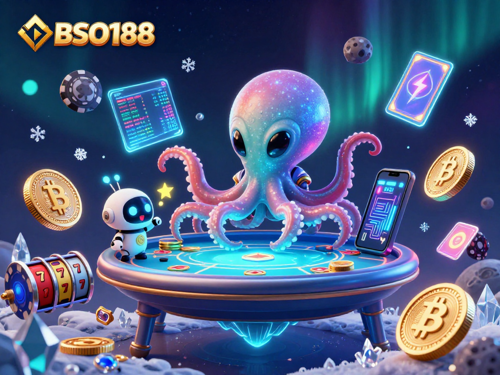 Experience the excitement of BSO188 as an alien octopus plays holographic poker amidst cosmic details.