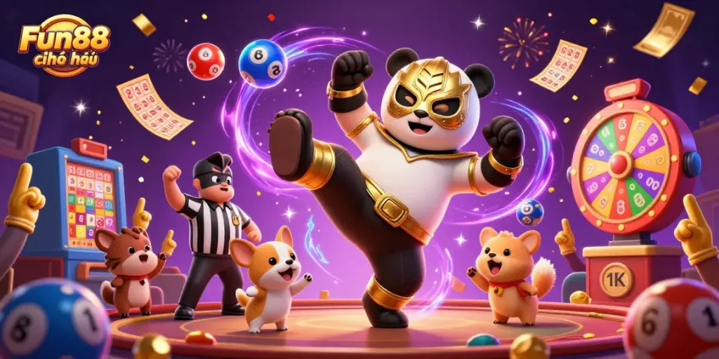 Experience thrilling action at Fun88 chính thức with panda wrestler and animal fans in a vibrant casino scene.