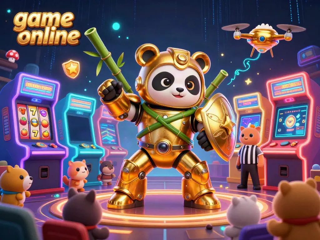 Experience thrilling game online adventures with a mech-suit panda battling in a vibrant casino arena.