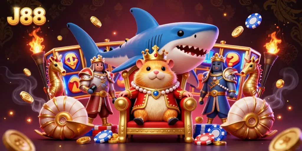 Experience exciting gameplay at J88 with vibrant slot reels and royal characters.