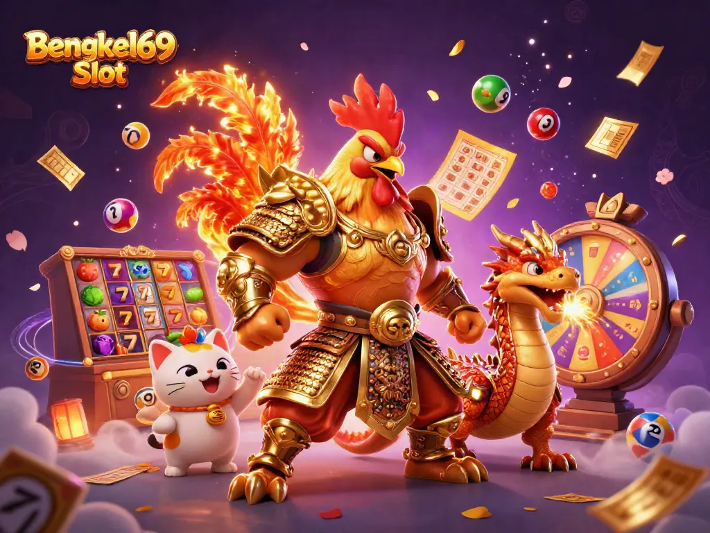 Experience thrilling wins at Bengkel69 Slot with vibrant characters and game elements amid a captivating casino environment.
