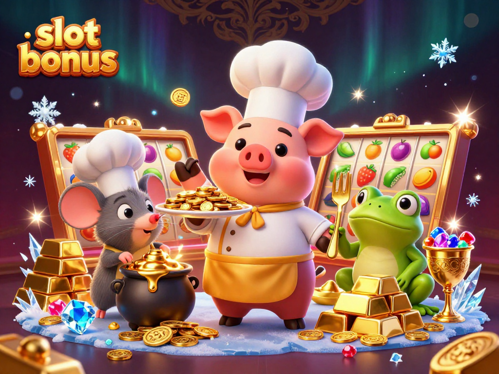 Play with slot bonuses and win treasures in a vibrant 3D casino scene featuring unique characters.