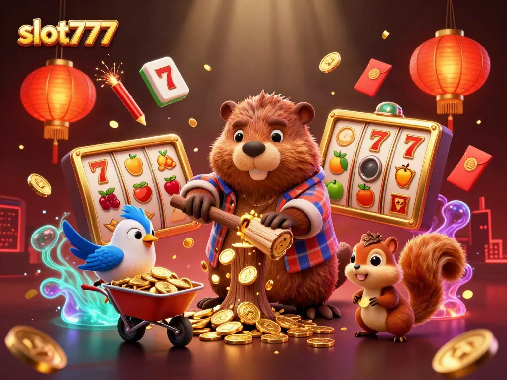 Experience the thrill of slot777 with a lively scene of cartoon animals collecting gold and jackpot elements.