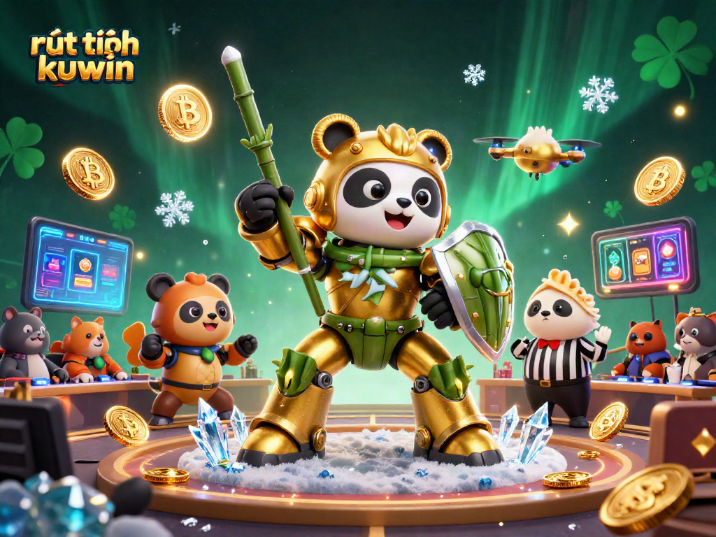 Engage in rút tiền kuwin with a dynamic casino scene featuring unique animated characters and crypto elements.