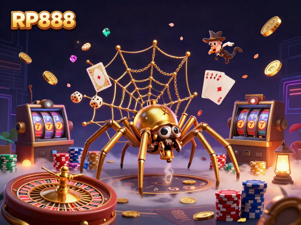 Catch winning moments with RP888's vibrant casino gaming scene, showcasing a steampunk spider and elegant fly.