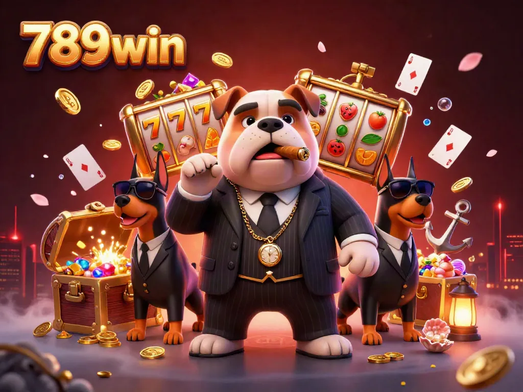 Experience thrilling gaming action with the 789win mafia boss bulldog among slot machines and treasure.