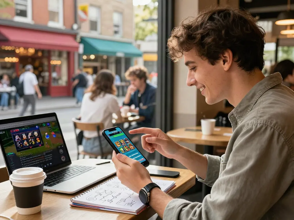 Pengguna mendownload aplikasi MARTOTO di smartphone, menunjukkan suasana kehidupan kota yang dinamis dan bersahabat di kafe.