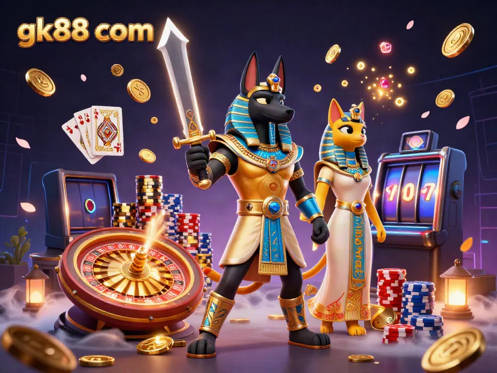 Win big with immersive features at gk88 com in this vibrant casino-themed illustration.