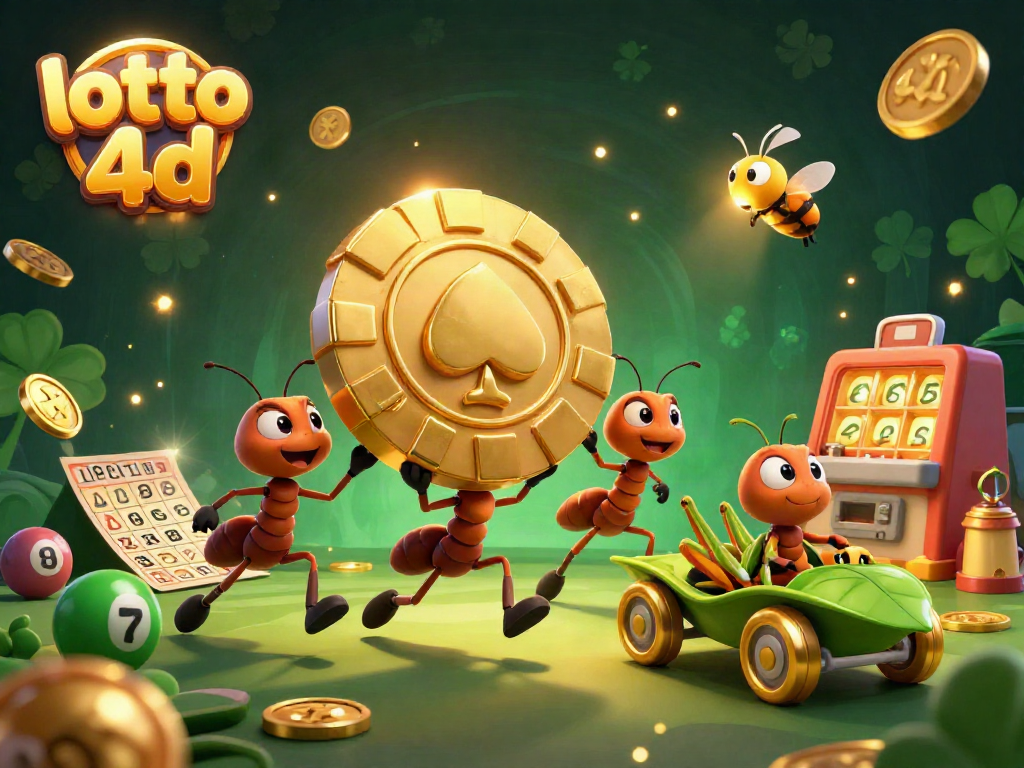Experience the excitement of lotto 4d with animated ants heisting a golden chip, mixed lottery elements.
