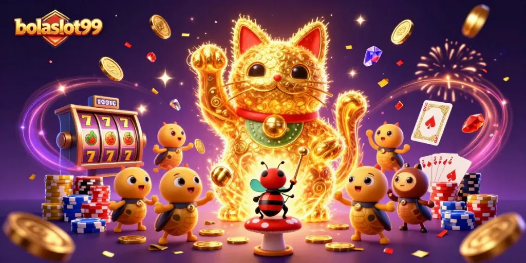 Experience the thrill of bolaslot99 with a dynamic lucky cat illustration filled with casino symbols.