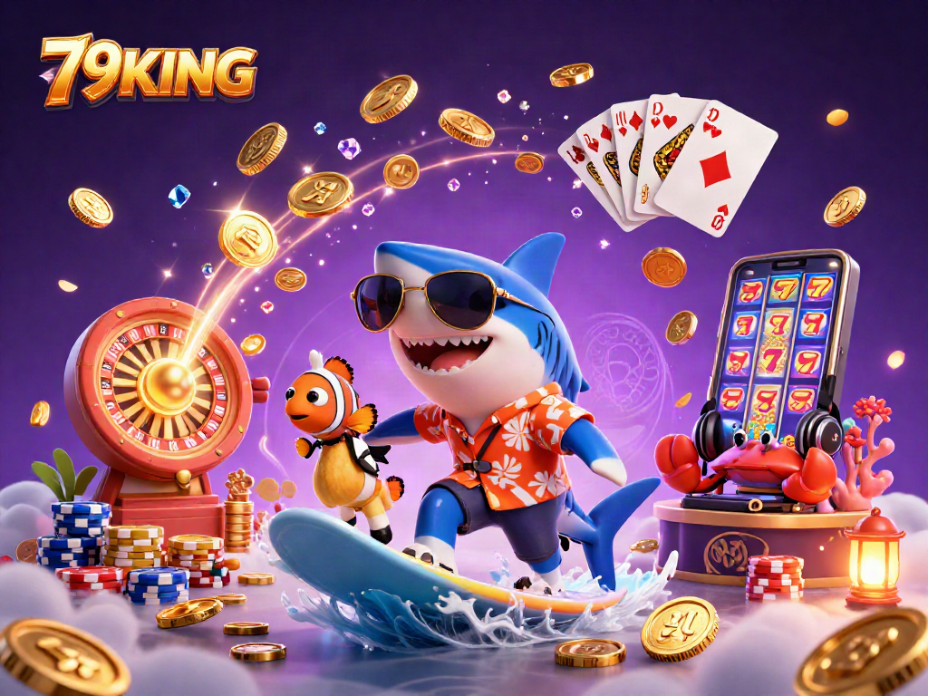 Experience the thrill of 79KING casino with a vibrant 3D illustration featuring lively characters.