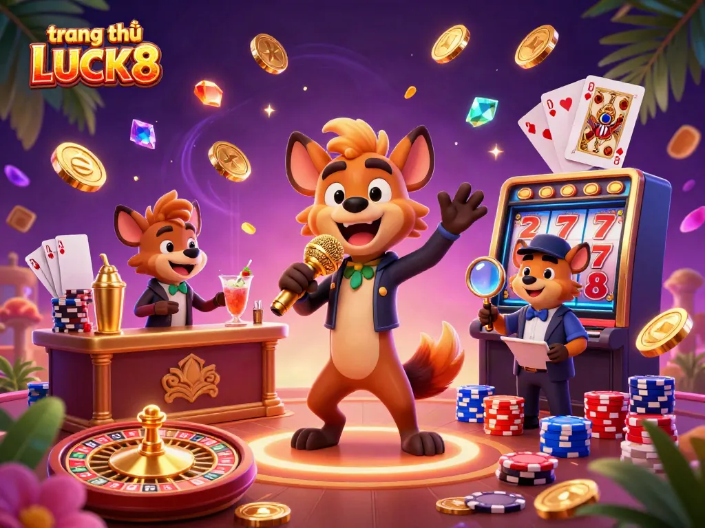 Experience the vibrant energy of trang chủ LUCK8 with cartoon hyenas in a lively casino scene.