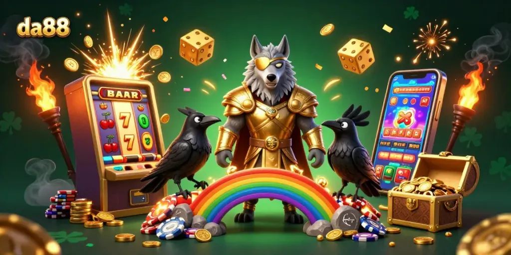 Experience the excitement of da88's casino games with a vibrant 3D illustration of Odin and his ravens amidst jackpot symbols.