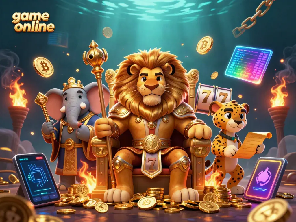 Experience thrilling game online action with a fierce lion king, wise elephant, and quick cheetah amidst slot and crypto elements.