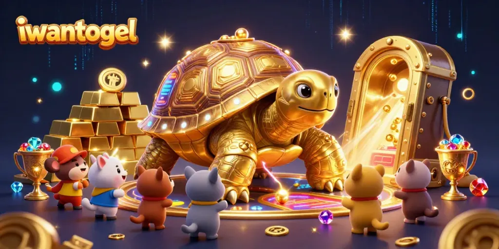Engage with iwantogel’s vibrant casino experience featuring a colossal tortoise and treasure elements.