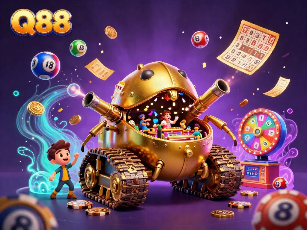 Engage in exciting games at Q88 com with a dynamic 3D casino illustration depicting a lively beetle tank casino.