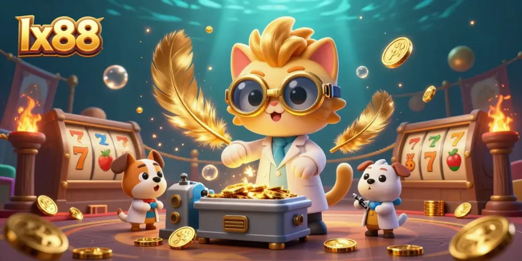 Join the fun at lx88 casino with a mad scientist cat and lab dog amid gold coins and vibrant gaming elements!