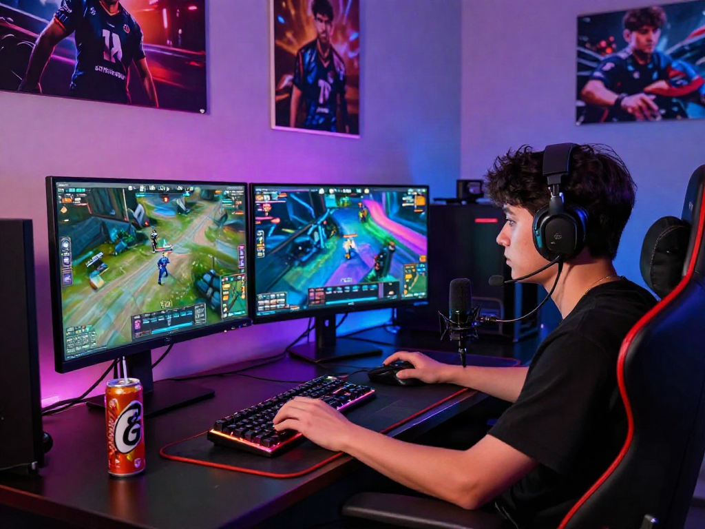 Gamer focused on situs toto platform in a vibrant digital gaming setup with monitors and gaming peripherals.