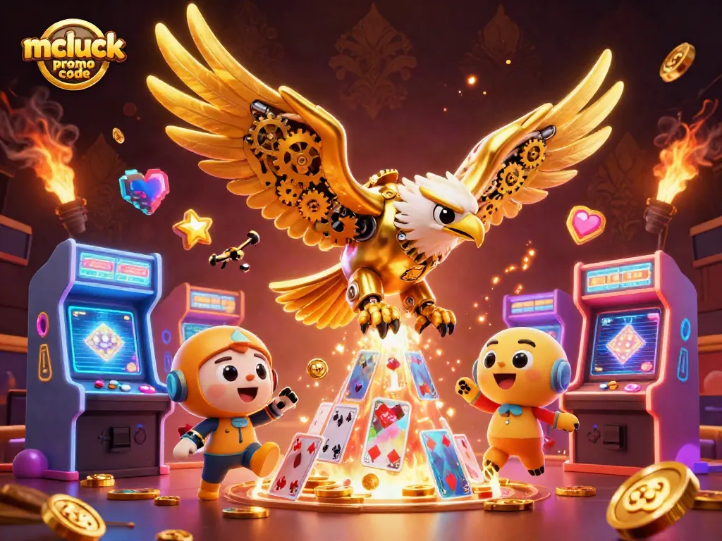 Engage with the mcluck promo code to experience exciting gameplay with a golden eagle amidst vibrant casino elements.