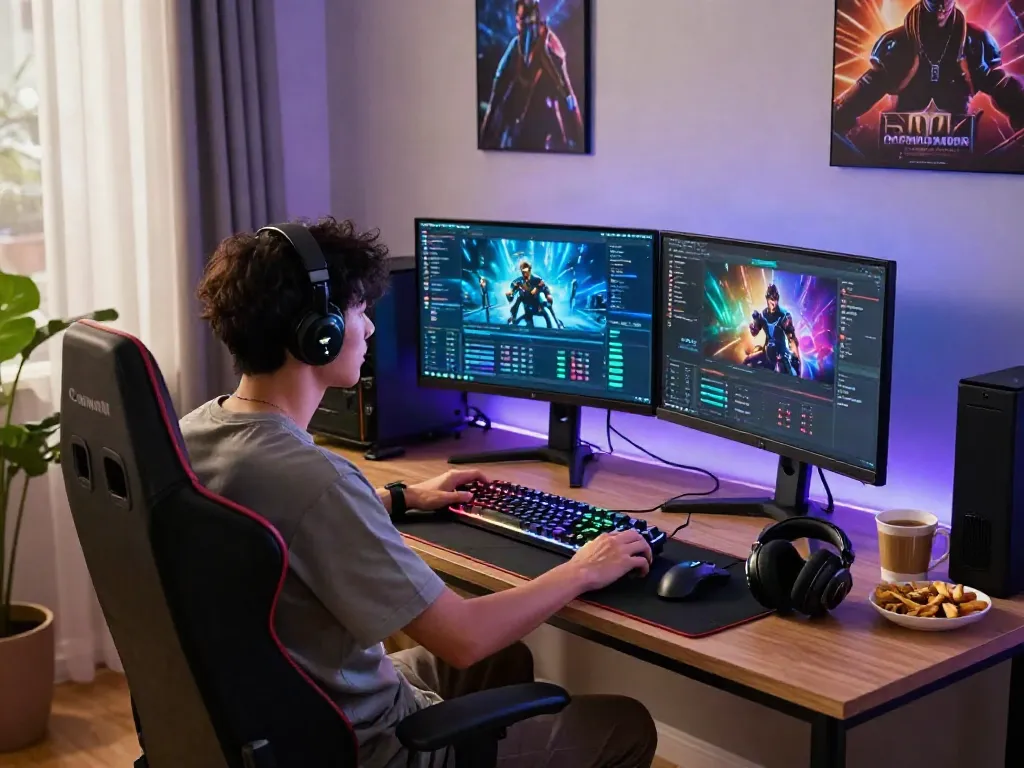 Engaging QQMacan gaming scene with a focused gamer and dynamic setup.