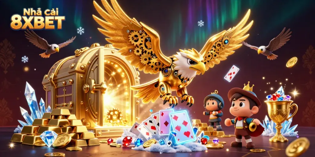 Immerse in the thrilling world of Nhà cái 8XBET with this vibrant casino-themed illustration full of games and riches.