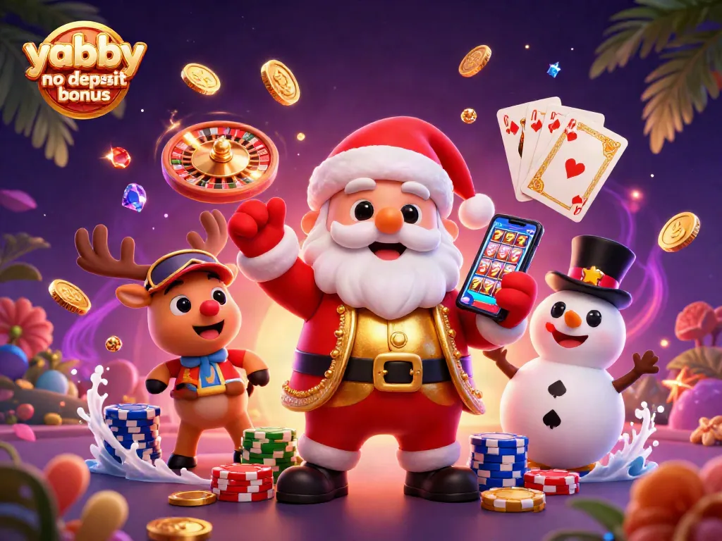 Experience exciting gameplay with Yabby Casino no deposit bonus amidst festive casino characters.