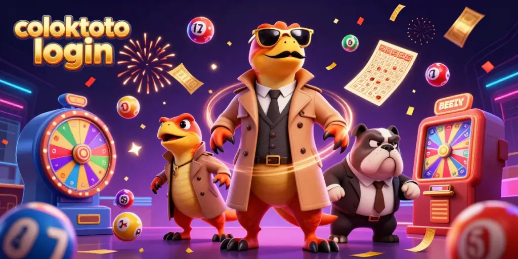 Experience coloktoto login excitement with a fun 3D scene of playful raptors and casino elements.